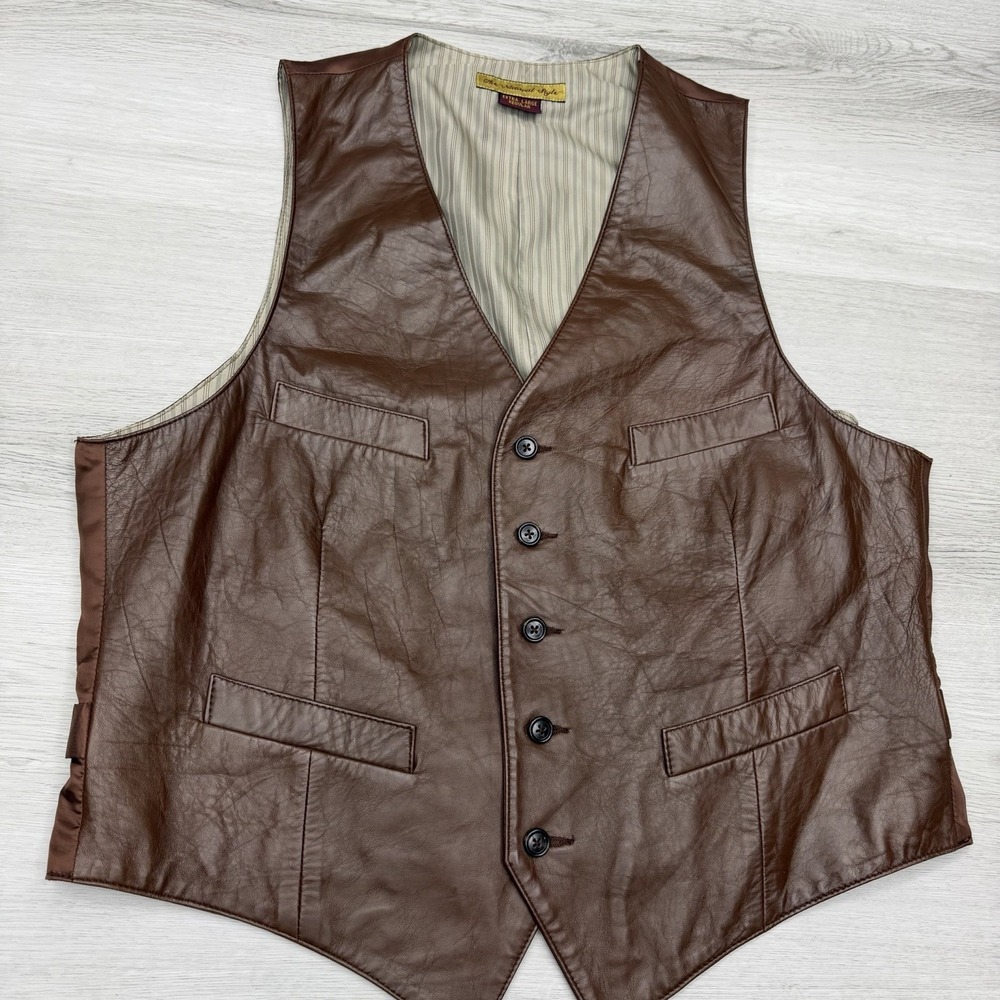 Genuine Leather Vest Brown Button Front 4 Pocket Natural Style Men XL Western
